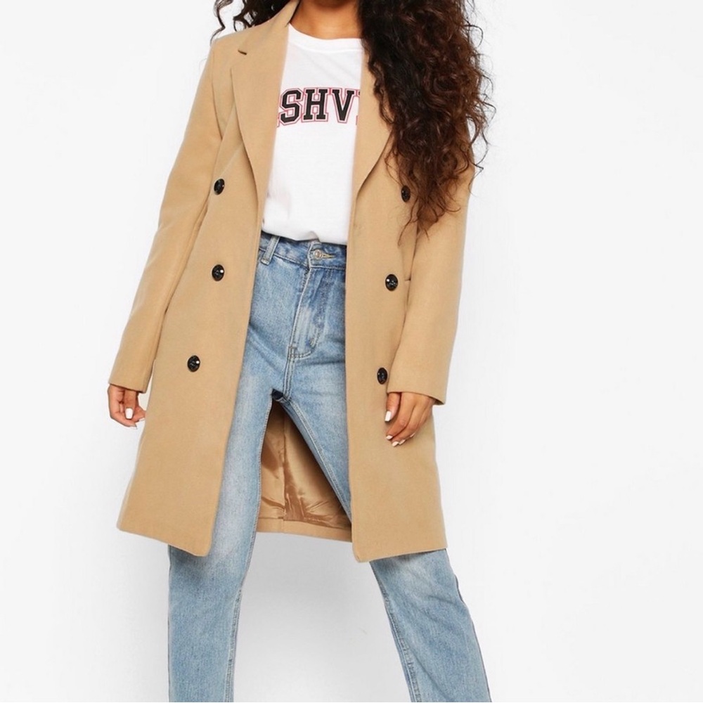 Boohoo Camel Double-Breasted Pea Coat